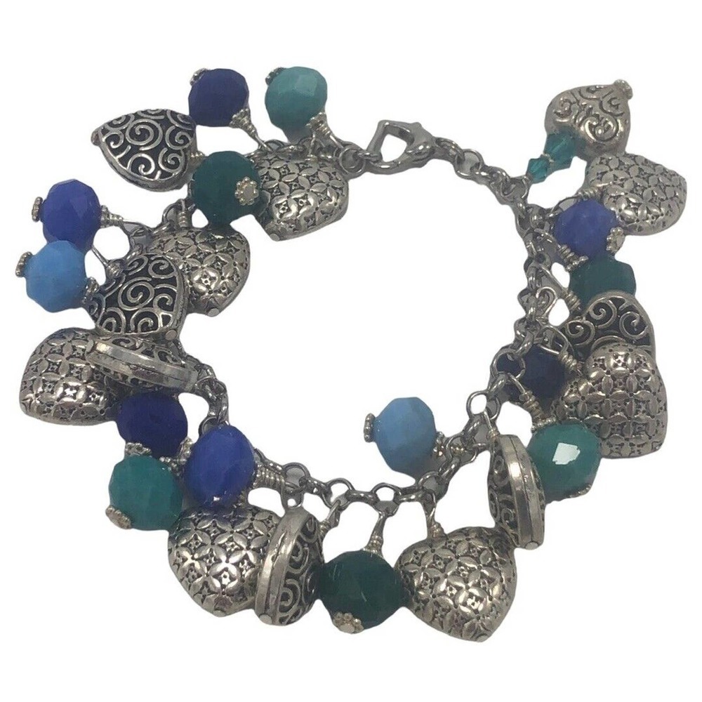 Puffy Hearts Charm Bracelet Silver Faceted Bead Blue Turquoise Tassel 7"